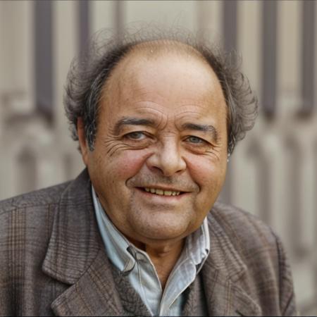 1boy, man, solo,( jacvil:1.2),  looking at the viewer, focus on face, portrait, male focus, simple background, smiling, formal, <lora:Jacques_Villeret:1>