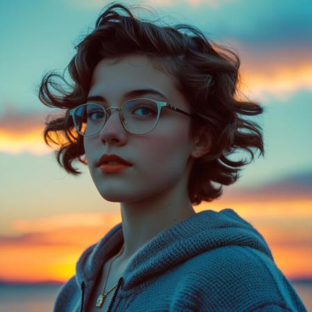 feminine, photograph, realistic, detailed, (small_breasts, perky_breasts, necklace, glasses, thick,
(20yo, nsfw, 1girl, pubic hair, short wavy hair, pretty, rouge,:1.4), sensual, exotic, mesmerizing, evocative, entrancing, artless, young, fresh, solo, (style of Henry Scott Tuke), (style of Anthony Thieme), (style of Gil Elvgren), :1.1), 
(1girl, solo, upper_body, sunset,  evening, sky, from_side, gradient_sky,  twilight, nose, jacket, dusk, backlighting, blurry_background, sweater,  orange_sky, cloud, depth_of_field, sunlight, day, blue_sky, hood, gradient_background, hoodie, portrait, shirt,:1.0)