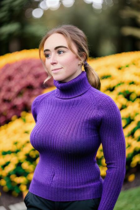 a woman on the gold course in a purple sweater turtleneck, [upper body], (close up:1.2), ((candid, amateur)), (raw, 8k, uhd, fujifilm xt3),  <lora:graceCharis:1>