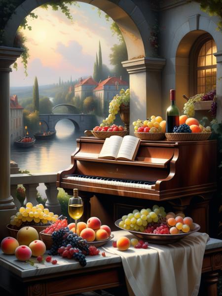 <lora:SS02ImpressionisticPainting_Hap_XL:1.7>,Thomas Kinkade style, <lora:add-detail-xl:0.1> Digital painting in the style of Art Deco meets Neoclassicism, piano harvesting scene, themes of food symbolized by summer fruits and vintage wine bottles, aesthetic influenced by Jean-Baptiste Monge, Eugène Delacroix, Rembrandt, Dmitry Levin, side angle composition, elegant fantasy touch, 8K resolution, oil on canvas texture, cinematic lighting, fantastic view with a romantic ambiance, ultra-detailed with high definition,