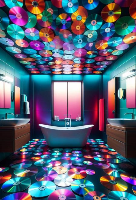 CD Repeat, Masterpiece, best quality, amazing quality, absurd, latest, volumetric lighting, UHD, SFW, vibrant colors, neon, vivid colors, walls made of cd's, bathroom dedicated to 1990 Cd's, everything made of cd's, exquisite detail, digital art, realistic, highly detail, beautiful, surreal, dramatic, No_Humans,