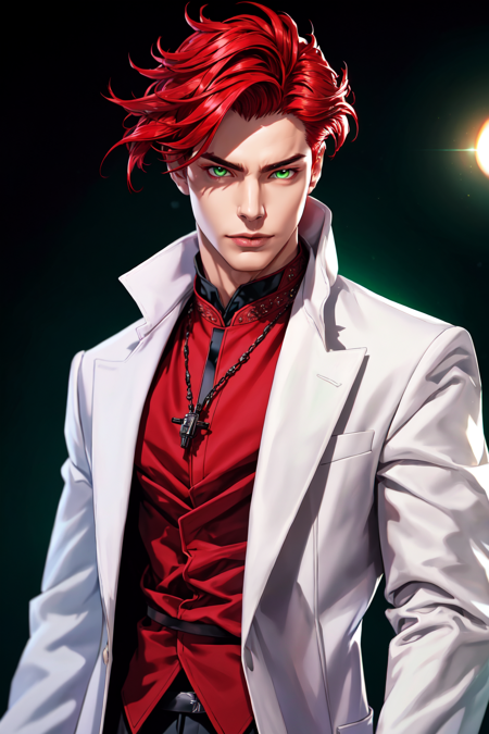 1boy, male focus, white, gothic long coat, green eyes, open clothes, red hair, science fiction, red shirt, short hair, solo, Best_QualityPos Earth-QualityPos, LimitBreakStyler