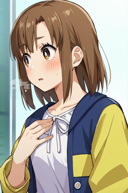  arisa, brown hair, brown eyes, medium hair white shirt, multicolored jacket, blue jacket, yellow sleeves, brown shorts, white belt, bike leggings, black shoes