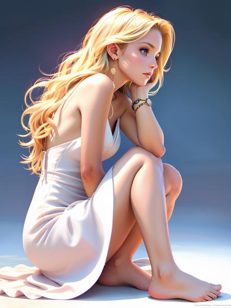 Realistic photo of a beautiful kr1st3nb woman,1girl,solo,long hair,side view,blue eyes,blonde hair,simple background,white background,dress,bare shoulders,jewelry,sitting,barefoot,black dress,bracelet,feet,watch,realistic,wristwatch soft lighting, professional Photography, Photorealistic, detailed, RAW, analog, sharp focus, 8k, HD, high quality, masterpiece<lora:kr1st3nb:1.0>