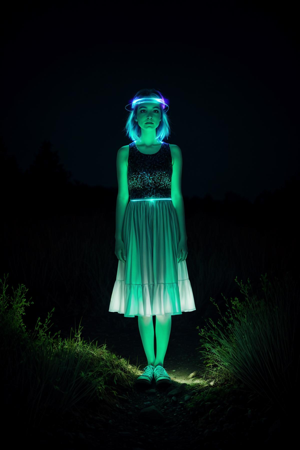A woman wearing a green dress and a headband with a green light on it.