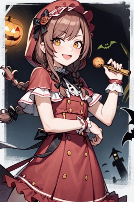 <lora:osaki amana:1>, osaki amana, braid, dress, brown hair, long hair, looking at viewer, multiple girls, food, smile, osaki tenka, twin braids, hood, yellow eyes, red dress, solo focus, capelet, red capelet, blush, bow, dutch angle, halloween, open mouth, frills, bangs, frilled dress