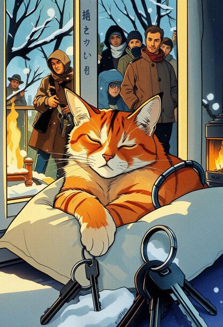 Paint a serene yet dynamic watercolor scene in the Flux art style, where a sleeping cat is *fully nestled within a keys in a keychain*. The cat’s body, rendered in soft, cat color brown with a little orange and a little white with a black M in his forehead, in a soft pillow near to a house window, inside an apartment with a fireplace warm, outside a heavy snowfall a a group of desesperate people  in coats freezing hitting on the window trying to get the cat's attention