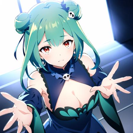 High Detail, Sharp focus, best quality, 8k, award winning, dramatic lighting, epic, cinematic, masterpiece, backlit, contrejour, rim light, dutch angle, depth of field, volumetric lights,
<lora:bluerushialast:1>,  bluerushia, green hair, double bun, red eyes, short hair, blue bow, hair ornament,  blue dress, detached sleeves, off-shoulder, blue butterfly, detached collar, cleavage cutout, long sleeves, 
 from above,  open arms, (fisheye lens:0.9), 
<lora:animemix_16:1>,
<lora:tangbohu-line_1.0:-0.5>, 
<lora:GoodHands-beta2:1>, nice hands, perfect hands,