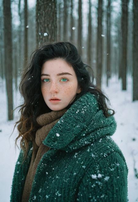 A portrait of a girl, wavy hair, black hair, Green eyes, standing in a forest in winter, warm clothes, looking at viewer, snow flakes,, freckles, pale skin, realistic, photo, golden hour, cinematic lighting, celluloid film skintone color style, earthy colors, blue colors