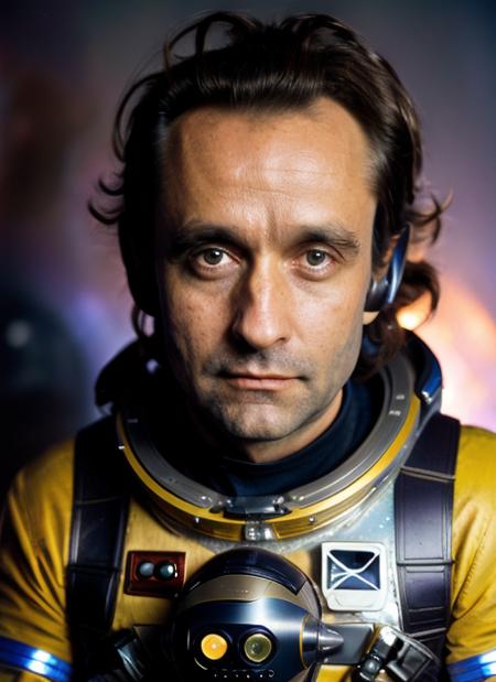 portrait of jc1, messy hair, man in Retro Space Suit, Alien Headpiece, Jetpack, Cosmic Ray Phaser, Holographic Map, epic (photo, studio lighting, hard light, sony a7, 50 mm, matte skin, pores, colors, hyperdetailed, hyperrealistic),  <lora:JohnCazale:1>