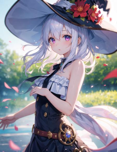 1girl, white hair, witch hat, bare shoulders, cowboy shot,
falling petals, ruins, intense shadows, depth of field,, ray tracing, Tyndall effect,  depth of field, blurry background, blurry foreground, light particles, reflection light, rim light, bloom effect,, masterpiece, best quality,best quality, highres, original, extremely detailed wallpaper