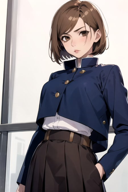 nobara kugisaki, bob cut, (brown eyes:1.5), brown hair, lips, short hair, belt, brown belt, brown pantyhose, crop top, crop top overhang, JUJUTSU TECH UNIFORM, jacket, gakuran, pantyhose, pleated skirt, shirt tucked in, skirt, blue skirt, blue crop top,