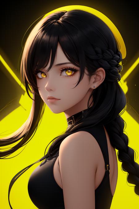 ((high quality:1.2, masterpiece:1.2)), 1girl, beautiful face, golden hour, (black hair, yellow eyes, waterfall braid), cyberpunk, futuristic, dynamic pose, (face shot, upper body), (noon, neon background:1.2), absurdres, high details, detailed and intricate, best lighting, sharp focus, realistic lighting, cold tones, color balance, high contrast, neon lights, neon lighting, yellow neon colors