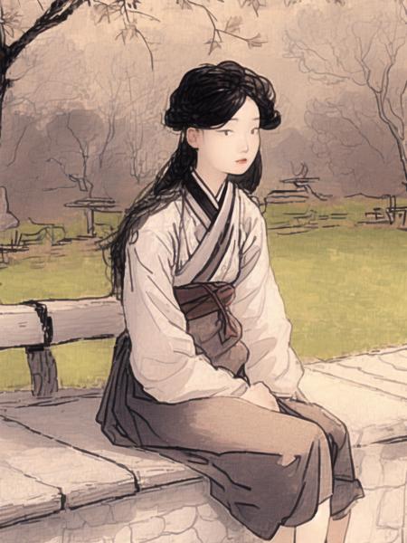 shinyunbok painting, best quality, portrait of a girl sits on a bench in the park, watching the people go by. She feels content and at peace, and she knows that she's exactly where she's supposed to be.