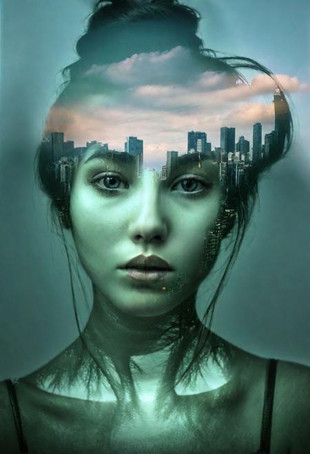 <lora:D66F7C2571:1> (Double Exposure style) of a woman blended a woman