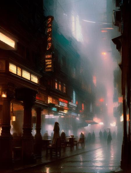 street, bar  <lora:Blade Runner v.2.2:0.8>, art by greg rutkowski and artgerm, soft cinematic light, adobe lightroom, photolab, hdr, intricate, highly detailed, (depth of field:1.4)