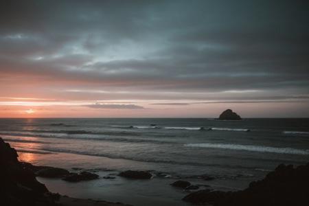 raw photo, a sunset landscape, oregon coast, cozy, photorealistic, high detailed texture, 8k uhd, dslr, soft lighting, high quality, film grain, Fujifilm XT3, highly detailed photography, (muted colors, cinematic, dim colors, soothing tones:1.2), vibrant, insanely detailed, hyperdetailed, (dark shot:1.2), (vsco:0.3), (intricate details:0.9), (hdr, hyperdetailed:1.2)