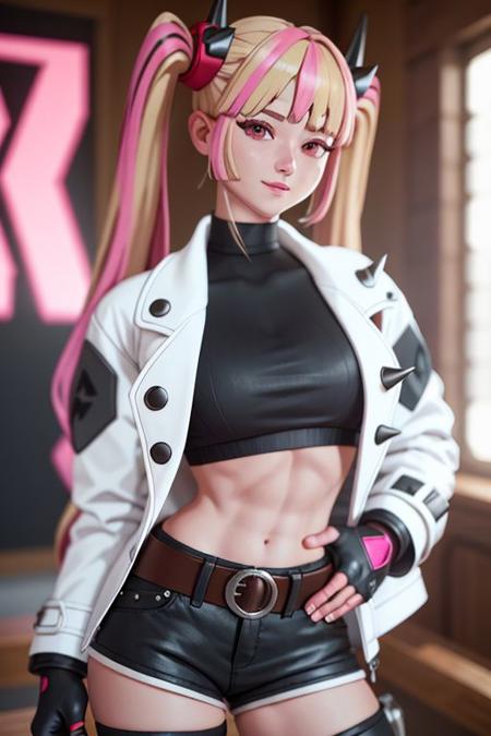 1girl, long hair, blonde hair, twintails, solo, jacket, bangs, spikes, looking at viewer, multicolored hair, pink hair, streaked hair, gloves, blunt bangs, fingerless gloves, black gloves, pink eyes, white jacket, crop top, midriff, smile, upper body, open clothes, belt, black shirt, shirt, breasts, navel, shorts, black shorts, open mouth, closed mouth, hair ornament, blurry, open jacket, thighhighs, thigh strap, medium breasts, horns, v, spiked bracelet, cowboy shot, short shorts