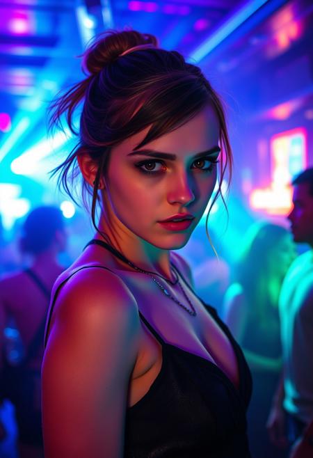 underground nightclub pulsing with vibrant beats and illuminated by neon lights,  face turned, rave outfit, detailed woman, create realistic image of super popular holywood actress Emma Watson,
super  popular holywood actress Emma Watson says: "oh hod, i'm fluxxed", dark brown eyes, night club dress,