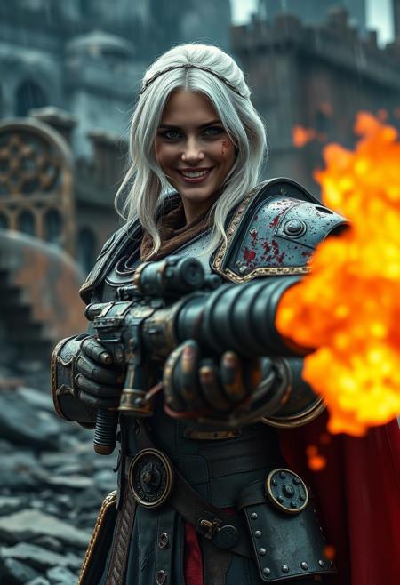 photograph, cinematic, rim light, high details
(wide angle shot),
(female warrior, smile, medium hair, white hair, holding a huge flamethrower), 
(Warhammer 40000, adepta sororitas,sister of battle,  shoulder pads,  scar on face, red cape, golden trim), 
rust on metal, impacts on armor, holes in armor, leather, bolts, sweat, blood splash, leather belt,
(rocky battle background, smoke, fire, stone ruins, storm, raining),