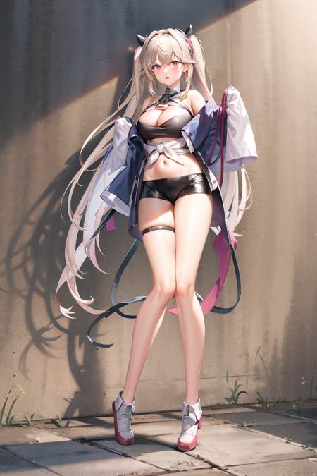 acrgazln, (masterpiece:1.3), absurdres, tachi-e, 1girl, solo, very long hair, headgear, blue coat, cleavage, midriff, off shoulder, very long sleeves, sleeves past fingers, short shorts, thigh strap, black footwear, full body, simple background, <lora:acrgazln_v02:1>