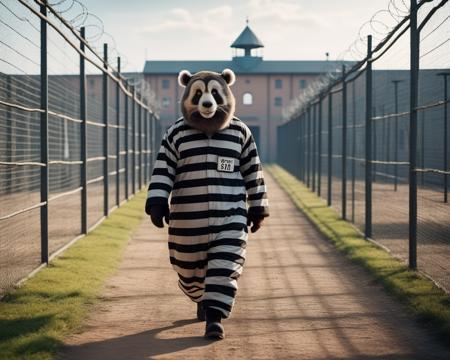 cinematic photo funny Anthropomorphic hybrid animal prisoner walking on the prison grounds, award winning gritty realistic photojournalism, smoky, Cinematic movie scene still image portrait photography sharp focus intricate realistic details, <lora:add-detail-xl:2> . 35mm photograph, film, bokeh, professional, 4k, highly detailed