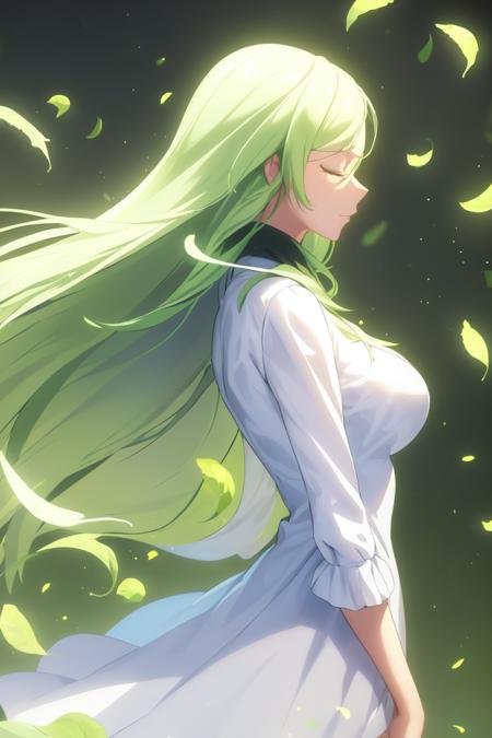 Treyni
 <lora:TreyniV1:0.8>
((best quality)), ((masterpiece)), (detailed)
(interview:1.3) upper_body
1girl, breasts, closed_eyes, dress, feathers, glowing, green_background, green_theme, jewelry, leaf, leaves_in_wind, long_hair, petals, rose_petals, solo, white_feathers, wind