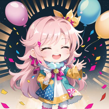 masterpiece, best quality, den2, 1girl, solo, chibi, closed eyes, pink hair, long hair, fluffy hair, looking at viewer, happy smile, (colorful confetti), balloon, hand wave, open mouth, hair ribbon, <lora:den2chibi:1>,