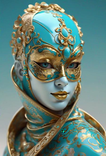 a woman wearing an elaborate mask around her face, in the style of vray tracing, cloisonnism, turquoise and gold, miniature sculptures, impressionistic venice scenes, realistic fantasy artwork, exquisite detail --ar 1:2 --stylize 750 --v 6