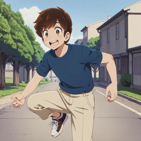 masterpiece,high quality,solo,outdoors,
<lora:Ataru001:0.7>,smile,open mouth,
Ataru,1boy,
short hair,brown hair,brown eyes,
shirt,pants,sneakers,