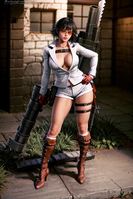 (masterpiece, best quality:1.2), lady, dmc, dmc4, white striped suit, 1girl, solo, heterochromia, red eyes, blue eyes, black hair, tinted eyewear, striped, shorts, thighs, weapon, red gloves, huge weapon, cleavage, large breasts, rocket launcher, scar,  gun, <lora:LADY-15:0.8>