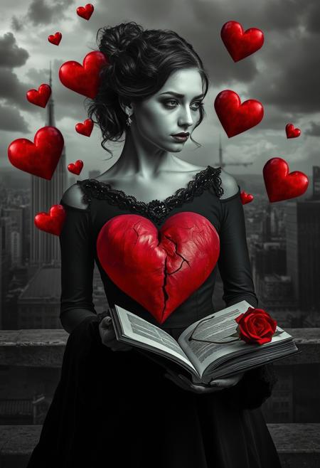 surreal emotional scene, woman in black, cracked red heart, floating hearts, grayscale cityscape, symbolic love and sorrow, open book and rose, selective red color, moody atmosphere, introspective tone, surreal background, emotional contrast, artistic symbolism, dramatic lighting, fantasy portrait photography, vibrant colors, ethereal atmosphere, feminine beauty, fairytale setting, lush nature, elaborate attire, magical realism, soft lighting, dreamy background, intricate details, surreal elements