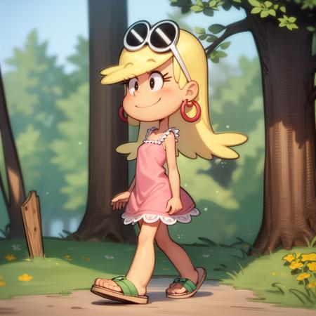 leni loud blonde hair long hair pink dress earrings eyewear on head hoop earrings sandals