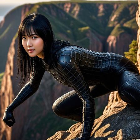 score_9, score_8_up, score_7_up, best quality, realistic, masterpiece, beautiful detail, hyperrealistic, ((1girl, woman body, large breast)), amazing detailed full body of a cute korean girl, cute face, wearing a realistic and highly detailed black raimi spider-man suit, ((defined muscular girl)), professional model wears ultra - detailed black raimi spider - man suit, ultra - detailed and grained black raimi spiderman suit, suit covered entire body and hand, black spiderman gloves, wet, (black hair, attraction, light smile), from side, climbing on a cliff, octane render, highly detailed, volumetric, dramatic lighting, (highest quality:1.1), (HDR:1.3), (top quality, best quality), realistic, high definition,