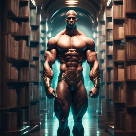 photo Strong Champion man Standing Guard in the Infinite Library of All Knowledge (GateKeeper style:1) <lora:djzGateKeeper:0.8)