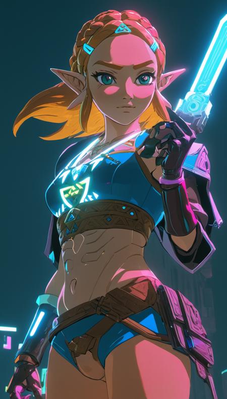 Zelda, (reimagined in a cyberpunk universe), (cyberpunk style), (cyberpunk), (cyberpunk outfit),  (punk hair), augmentation, cybernetics, glowing neon lights, cinematic scene, hero view, action pose, masterpiece, best quality, high quality, absurdres, vivid <lora:zelda_v0.0.1:1>, detailed skin texture, (blush:0.5), (goosebumps:0.5), subsurface scattering