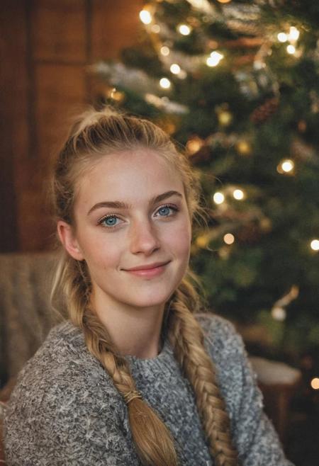 instagram photo, photo of a gorgeous 19 y.o woman, blue-gray eyes, dirty blonde hair, ponytail, happy, cheery, sitting in front of a christmas tree, in a cozy mountain lodge, snow outside, natural skin, skin moles, skin pores, goosebumps, high detailed, (cinematic, film grain:1.1)