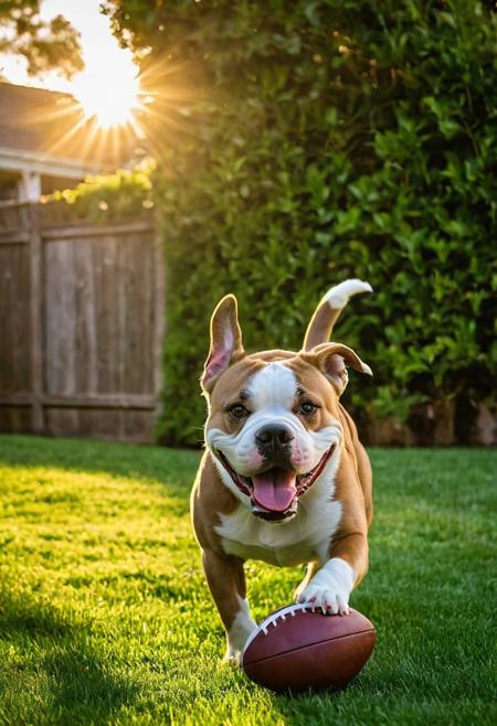 Pittbull bulldog, 
mid-tumble over a well-worn football, 
tongue lolling out in a wide grin, 
evening golden light casting elongated shadows, 
playful scene unfolding in a lush, 
green backyard, 
focus on gleeful expression, 
fur texture detailed, 
dynamic motion blur emphasizing playfulness, 
shallow depth of field with bokeh effect in background, 
sun flare, 
digital painting, 
vibrant color palette, 
high resolution.