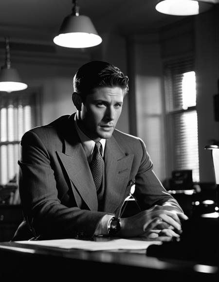 film still noir style, 1940s style, black and white, jensen ackles, in 1940s clothes, in office, sitting behind a desk, dramatic shadows, photorealistic, (candid photograph, film grain, 35mm, ISO200, f/1.8:0.7)  <lora:jensen ackles-XL:0.75>