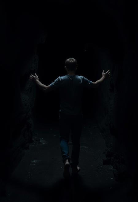 a very dark dim barely visible image at night of a man walks down a midnight black tunnel carved into the earth. there is no light, no daylight, and he is only barely visible. he faces away from the viewer as he walks deeper into the earth. his arms are stretched out slightly, timidly, as if he is afraid of what he might touch in the darkness that surrounds him. He is wearing a grey t-shirt and blue jeans. he is barefoot. the dark tunnel is wet and drips of moisture can barely be seen falling from the craggy surface of the rock. the tunnel seems endless in its depth and darkness. the image is one of nearly complete darkness.