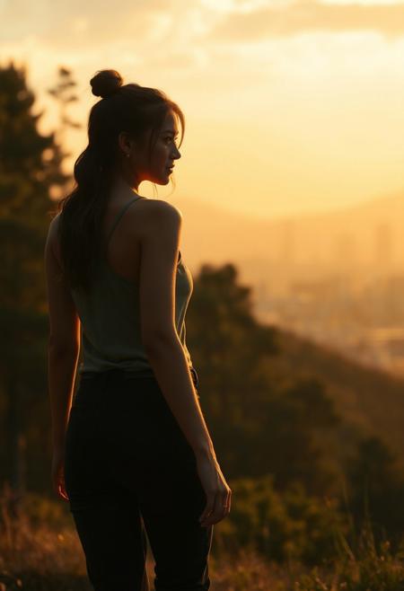 lone roguish female figure, walking away, glancing over shoulder, distant cityscape, transitioning from forest to urban environment, golden light of early morning or late afternoon, cinematic, journey progression, emotional warmth, subtle glance, candid, moment of doubt or hesitation, reflection on the journey, (forest in the background:1.2), city on the horizon, inviting introspection, natural light, dramatic lighting, depth of field, (captured naturally:1.2), (detailed background:1.3), (photorealism:1.4), 8k UHD, (blurry:-1.3), (lowres:-1.5), (ugly:-1.2), (mutated:-1.4), (worst quality:-1.4), (bad anatomy:-1.3), (cartoon:-1.1), (sketch:-1.1), (distorted proportions:-1.3), (extra limbs:-1.5), (cgi:-1.4), (extra characters:-1.5), (savanna:-1.4)