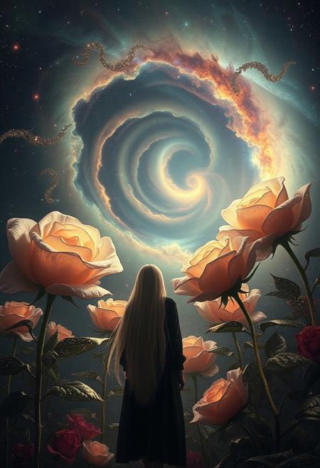 In the depths of a spiral nebula, a heavenly garden blooms in silent majesty.  Giant roses with petals woven from shimmering stardust and hot nebular gas reveal breathtaking cosmic beauty.  Each rose gave off a soft, ethereal light, and the petals whirled in a slow, graceful dance.  Delicate tendrils of stardust, dotted with glittering particles, protruded from the roses and wound around each other to form a glowing tapestry that stretched across the nebula.
In the center of this charming garden stood a woman with long silver hair that cascades down her back like moonlight.  Staring up, lost in the swirling nebula above, she was a silhouette against the backdrop of a vast universe.