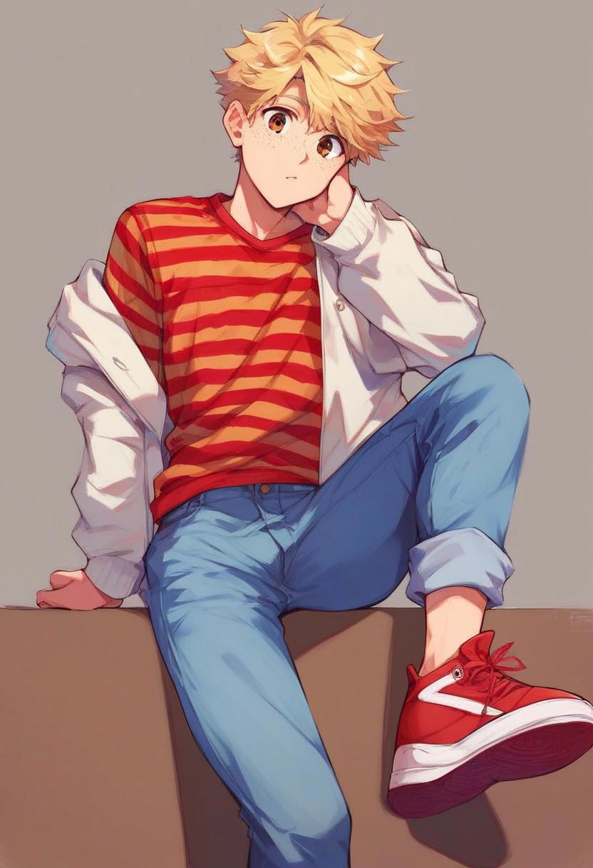 Score_up_9,score_up_8, 1male, blonde Hair, brown eyes, short hair, freckles, cute, orange and red striped shirt, light gray  jeans, light gray jacket, red sneakers, holding a small gray mouse in their hand