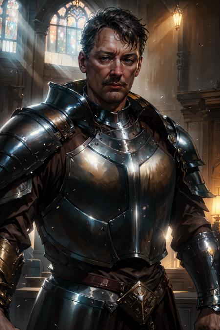 epic realistic, ((masterpiece, best quality, high quality, highres, ultra-detailed)), strelkov, man, male focus, oldman, looking at viewer, rough face, serious, (metal armor:1.3), (knight:1.1), cross, breastplate, cuirass, paladin, reflection,
church, indoors, upper body, god rays
<lora:Strelkov:1>
<lora:add_detail:0.5>, faded, (neutral colors:1.2), art, (hdr:1.5), (muted colors:1.1), (pastel:0.2), hyperdetailed, (artstation:1.4), warm lights, dramatic light, (intricate details:1.2), vignette, complex background, rutkowski