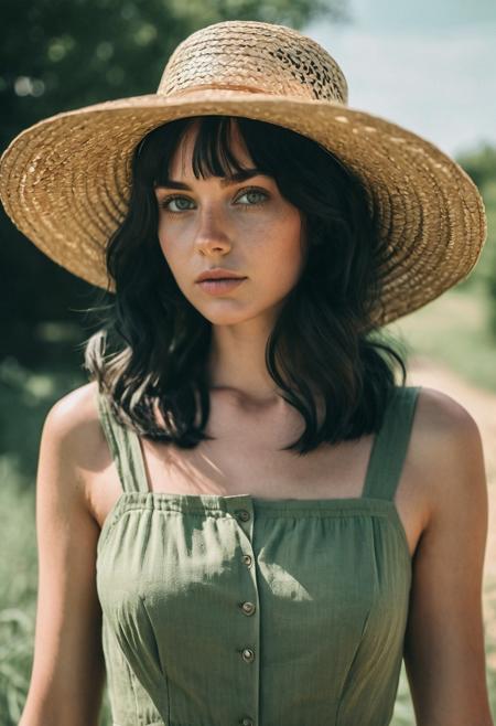 instagram photo, European girl, black hair, straw hat, sage green dress, perfect detailed eyes, natural skin, hard shadows, film grain
