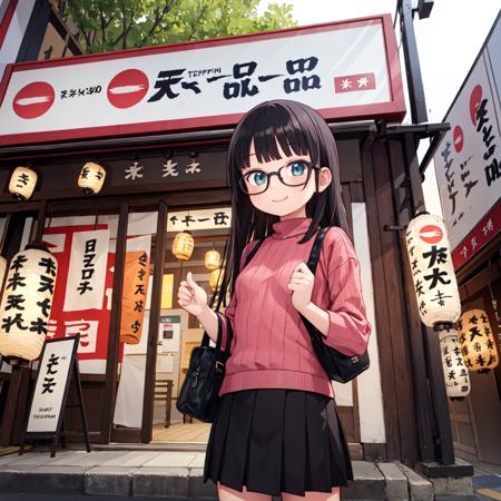 best quality, ultra-detailed, illustration,
1girl, glasses, black hair, long hair, happy, smile, looking at viewer, standing, solo focus, ribbed sweater, skirt, handbag,
tenkaippin, poster (object), outdoors, tree, road, street, shop, sign, storefront, lantern, building, paper lantern, banner, pavement, real world location, day, plant,
<lora:tenkaippin_SD15_V2:0.8>