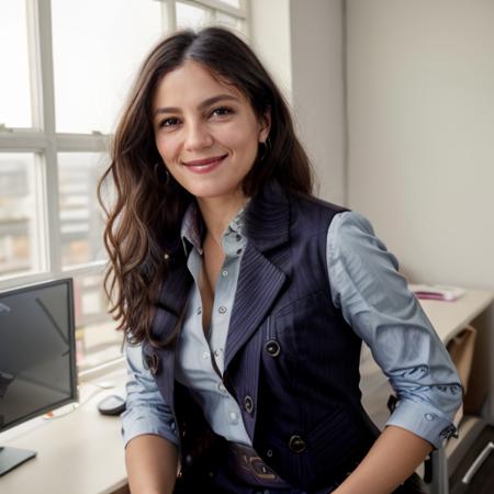 <lora:Monica1873Bar:0.9> a woman, m1873b, solo, wearing blouse, waistcoat,. jacket, trousers, in an office, wavy hair, smile