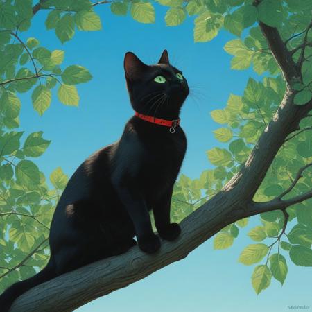 A sleek black cat with green eyes and a red collar perches on a sunlit tree branch, gazing upward. Darrow-level fur detailing contrasts with the bold, flat greens of the leaves and bright blue sky. Moebius-inspired color transitions between light and shadow give the scene a dreamy, storybook quality.
