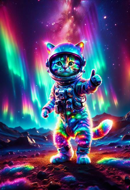 morph-aurora, extreme closeup astronaut cat, running on two legs, wear round goggles, wear animal ears helmet, thumbs up, extreme closeup shot, on space planet ground, space background, (rainbow Aurora texture:1.3), cinematic, cinematic lighting, (masterpiece, best quality:1.4), ultra-high res, 4k, insanely detailed, sfw,