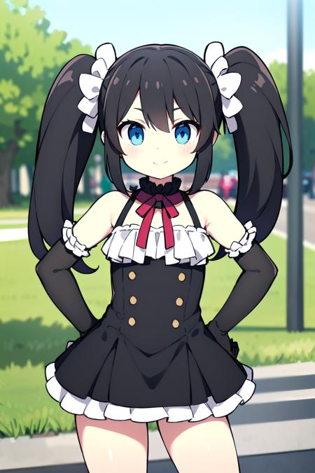 masterpiece, best quality, long hair, twintails, black hair, blue eyes, frilled dress, elbow gloves, outdoors, hand on hip,